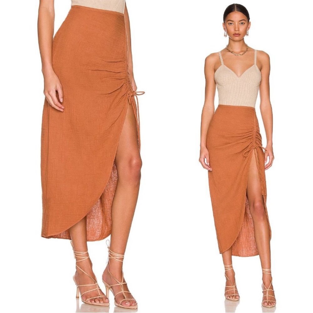 Free People Cotton Gauze Midi Skirt 6‎ Orange Natural Cerine Ruched High Waist - Picture 2 of 10